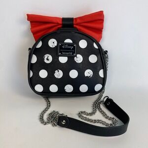 Disney Minnie Mouse Black‎ White Polka Dot Crossbody Bag Red Bow Chain Strap
